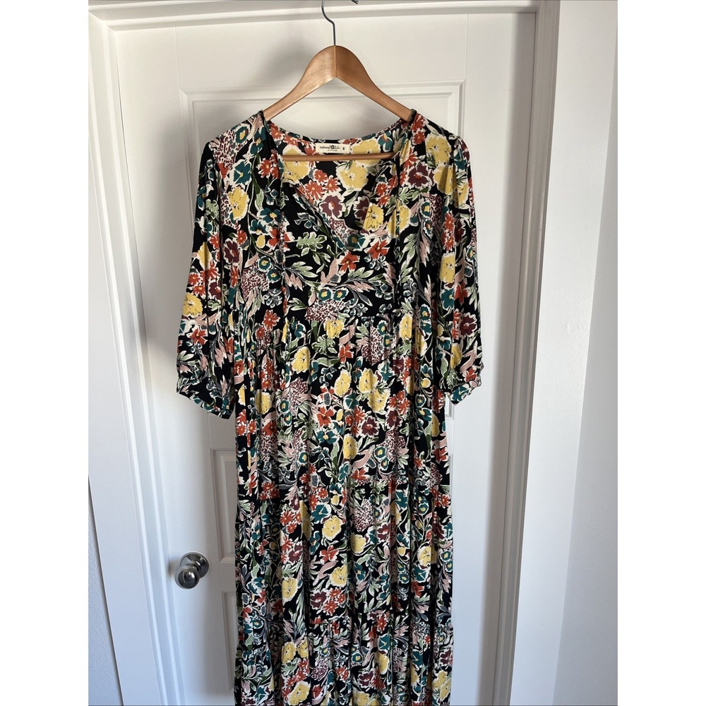 Natural Life Black Floral Tiered Maxi Dress  Necktie  Cottage Core Boho Chic  M - Picture 3 of 13